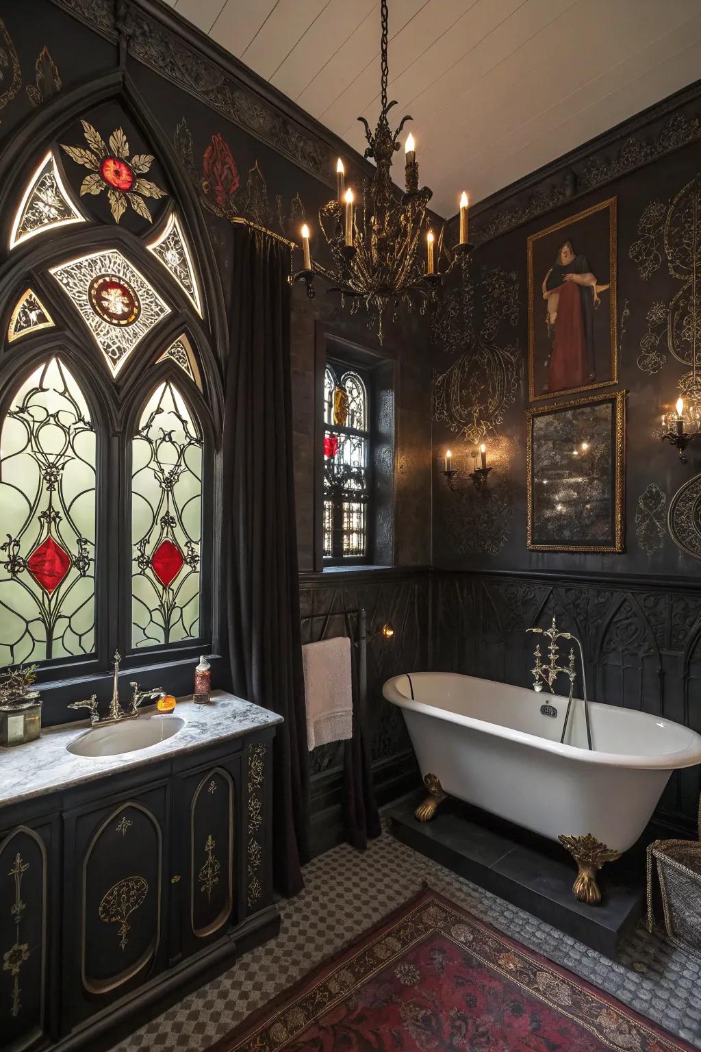 Lavish decor pieces add personality and intensity to the gothic bathroom.