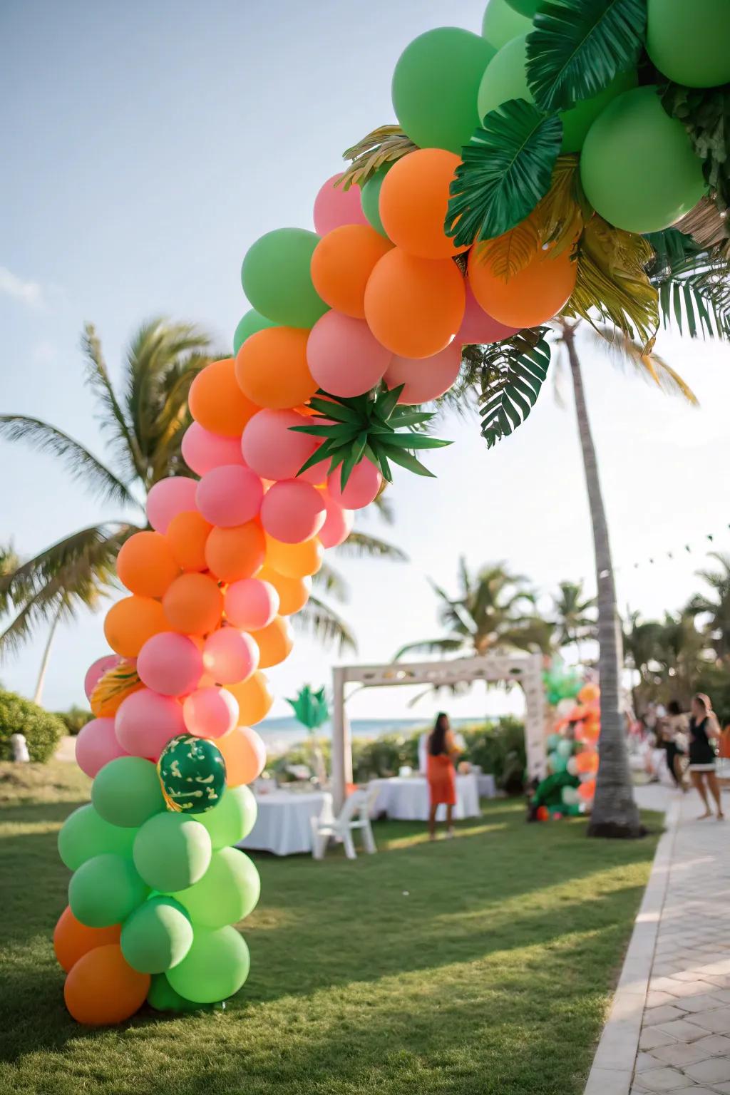 Vibrant tropical-themed balloon garland for a festive ambiance.