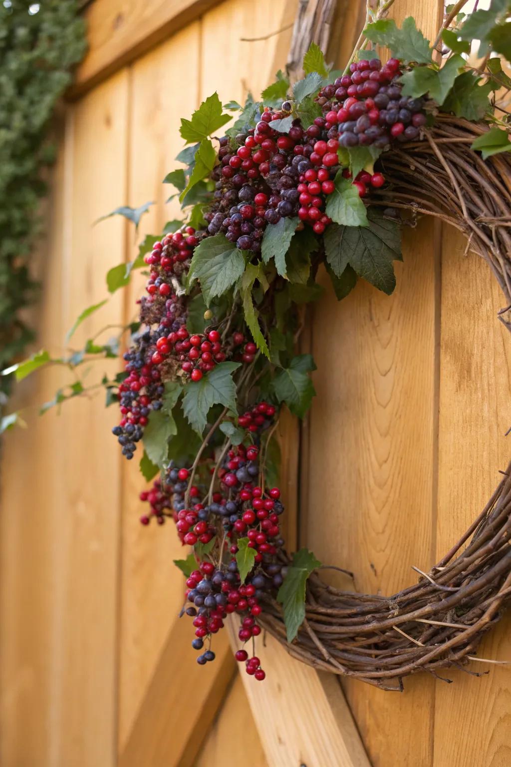 A seed-adorned natural fiber wreath radiating vibrant hues.