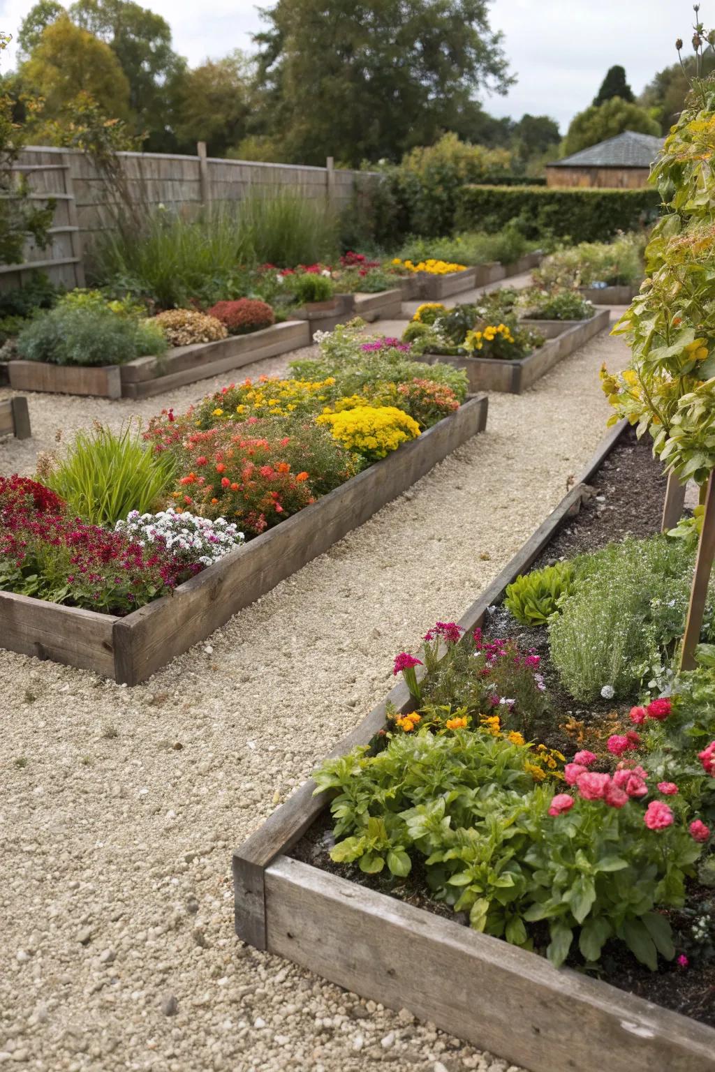 Elevated garden beds showcasing vibrant flora