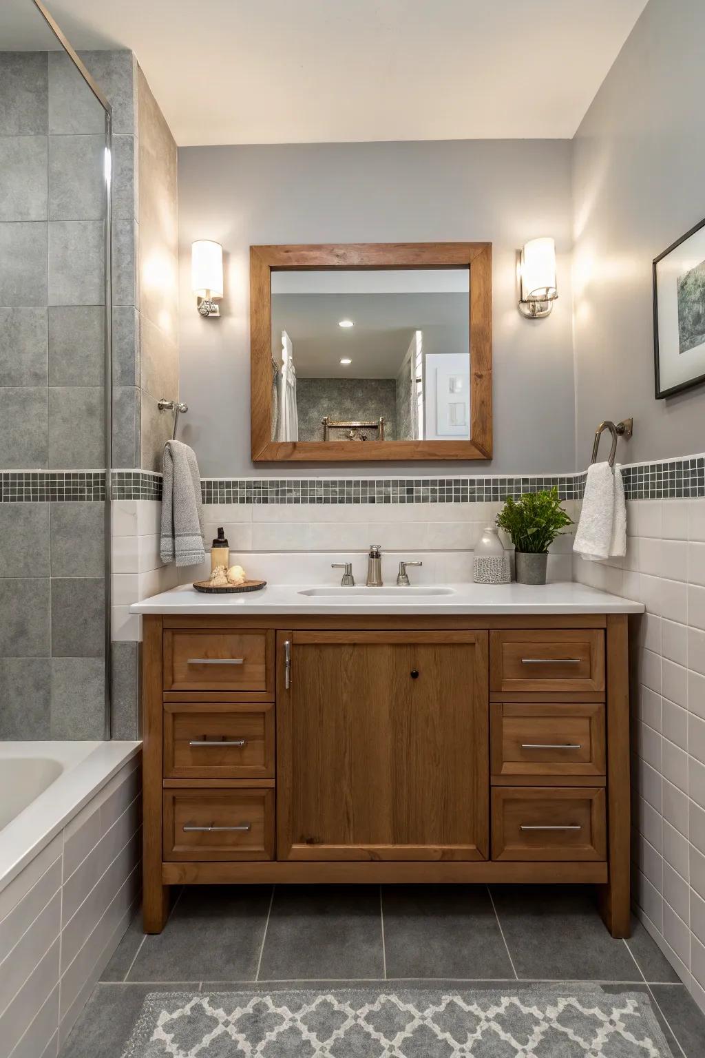Timber details introduce warmth to this gray and white bathroom.