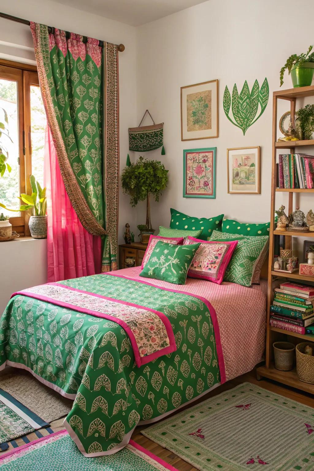Diverse designs in verdant and rosy hues inject a playful charm into your space.