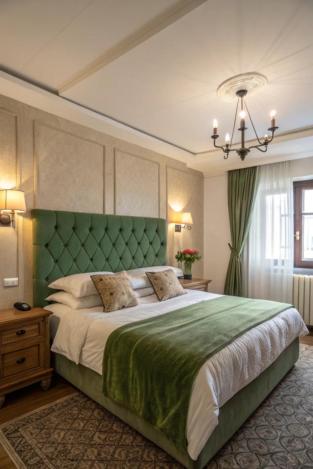 A green upholstered bedhead acts as a fantastic visual centrepiece in this bedroom.