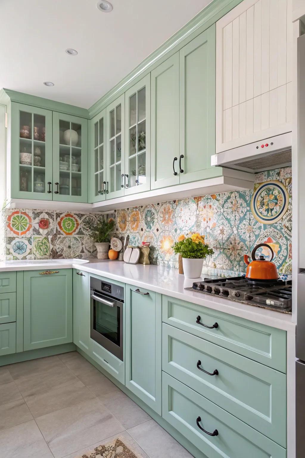 Playful culinary space with spearmint cabinets and lively accents.