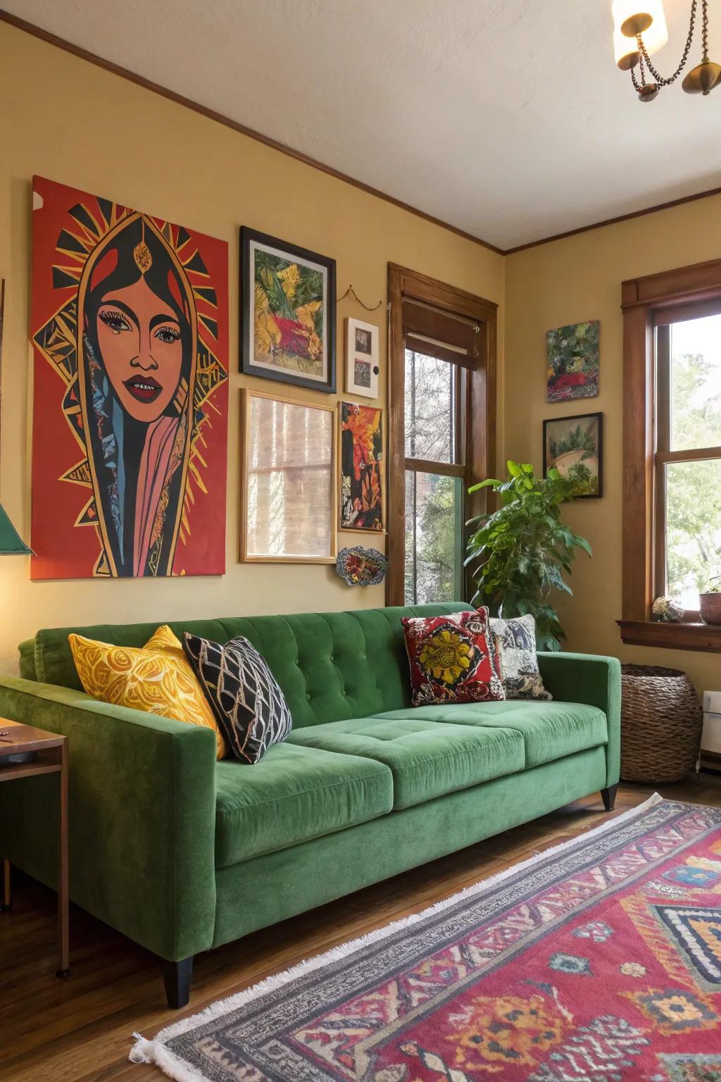 Striking artistry harmonizes exquisitely with an emerald sofa, making a remarkable declaration.