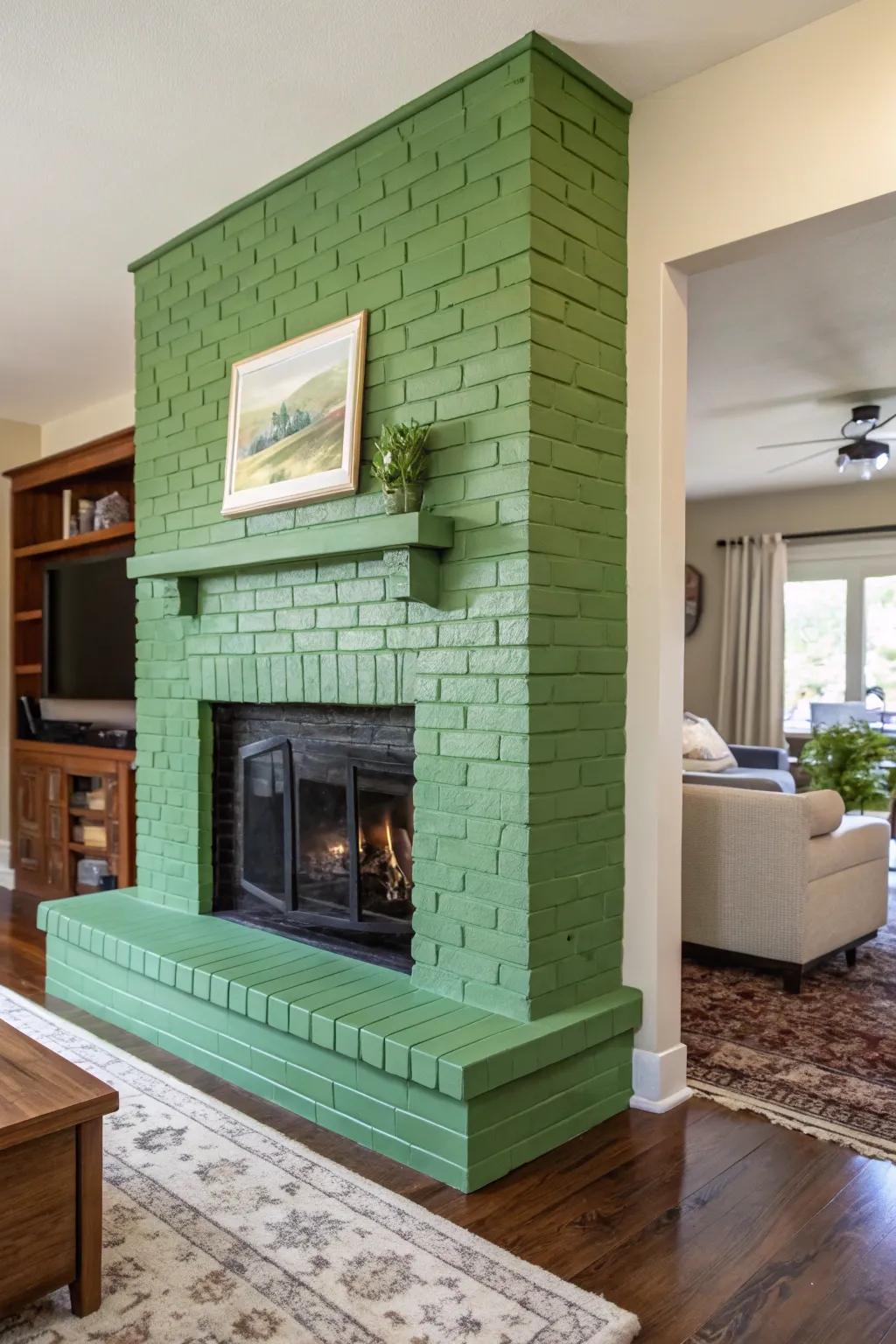 A modern living room proudly featuring a striking green painted brick fireplace.