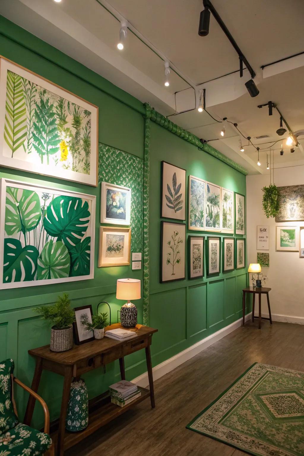 Artwork inspired by natural greens adds harmony to the design.
