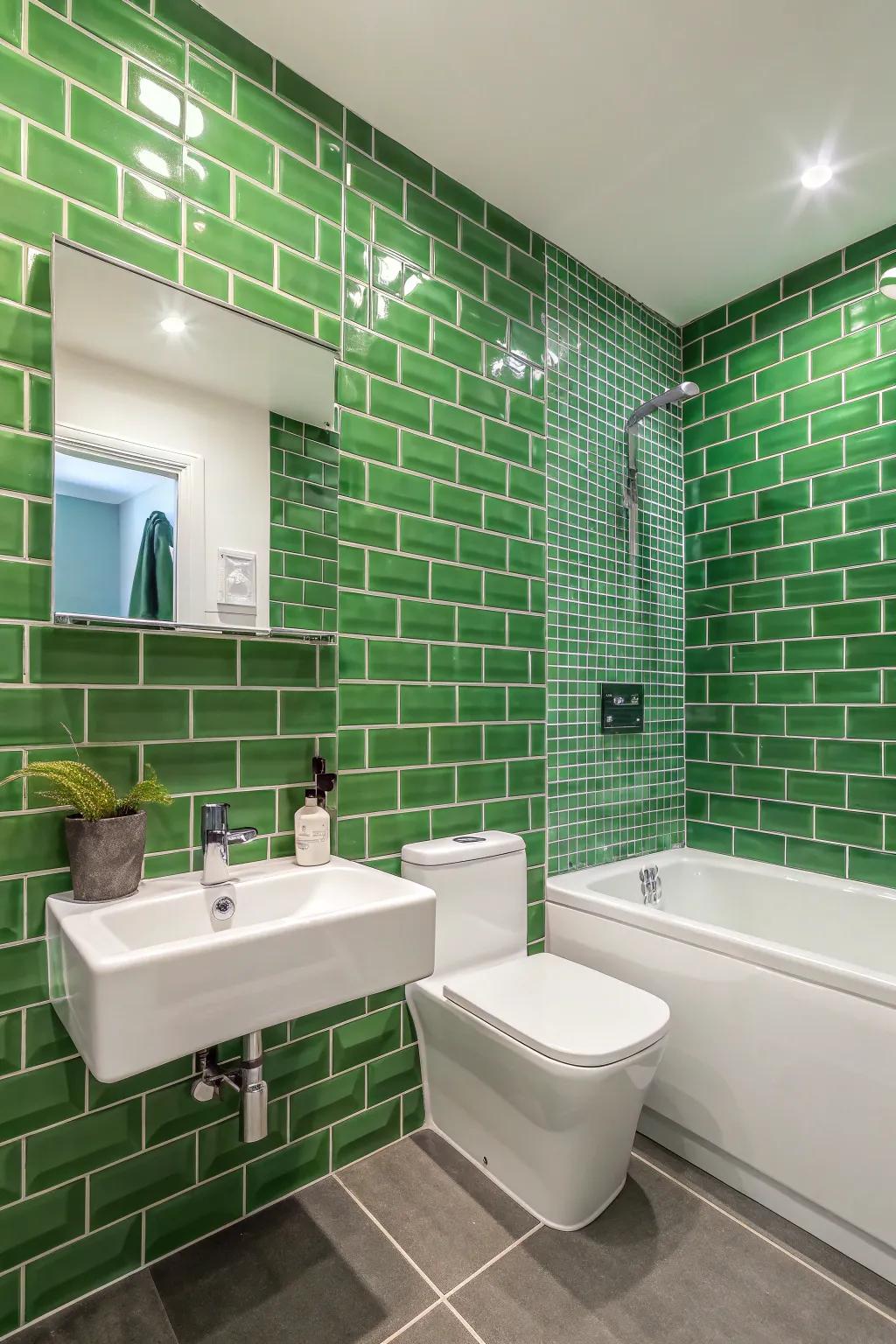 A <strong><em>green</em></strong> tile wall that stands out adds a striking focal point.” loading=”lazy” class=”pimg”>
	</picture><figcaption>A <strong><em>green</em></strong> tile wall that stands out adds a striking focal point.</figcaption></figure>
<p>With a <strong><em>green</em></strong> tile accent wall, you may create a stunning focal point. I’ve utilized this strategy to attract attention and give a splash of color without overpowering the space.</p>
<h3>Explore these options:</h3>
<ul class=