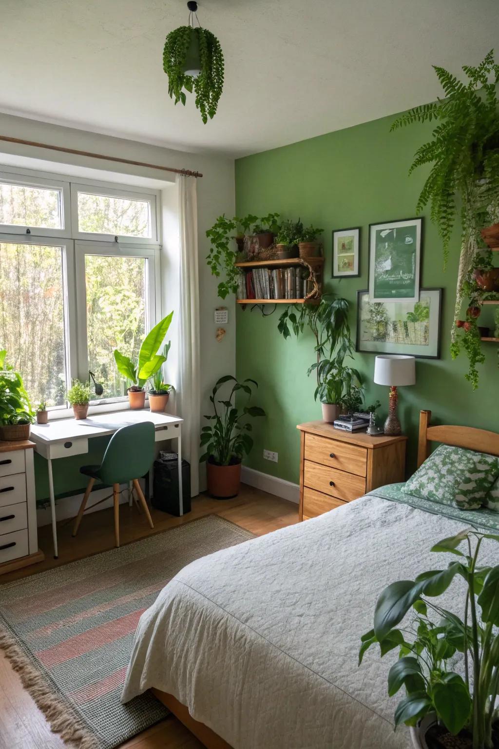 A lively bedroom featuring green walls and a variety of indoor plants.