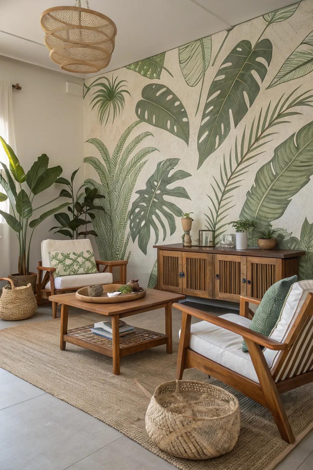 A verdant wall scene introduces nature inside, creating a tranquil atmosphere.