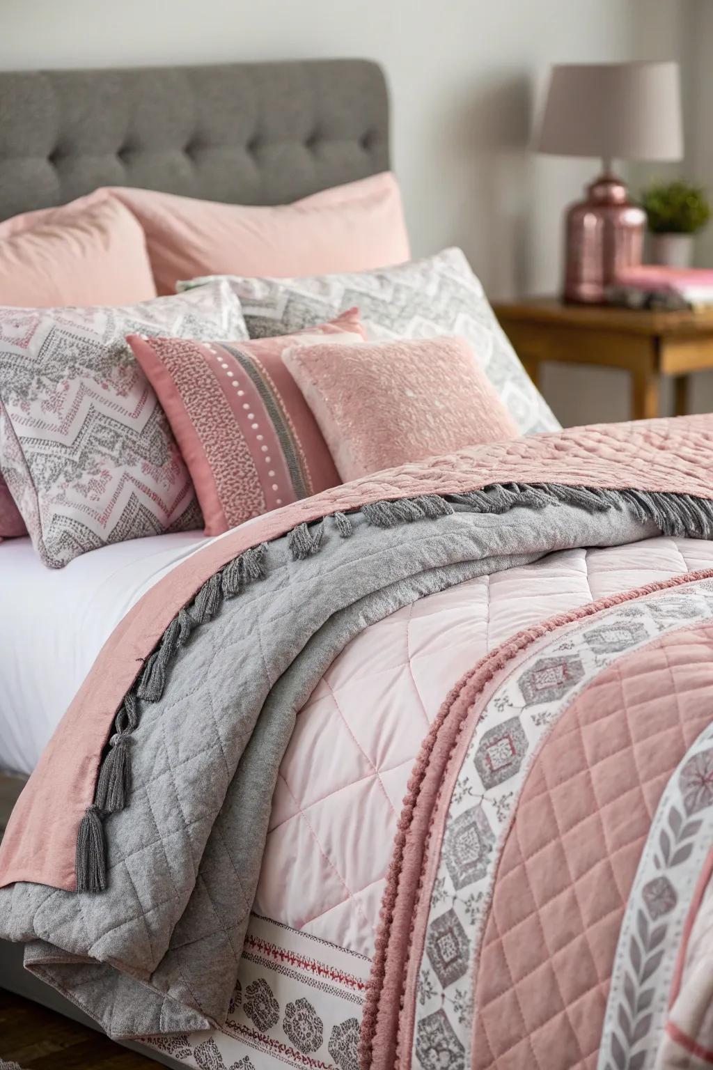 Mixing pink and grey bedding creates a harmonious blend.