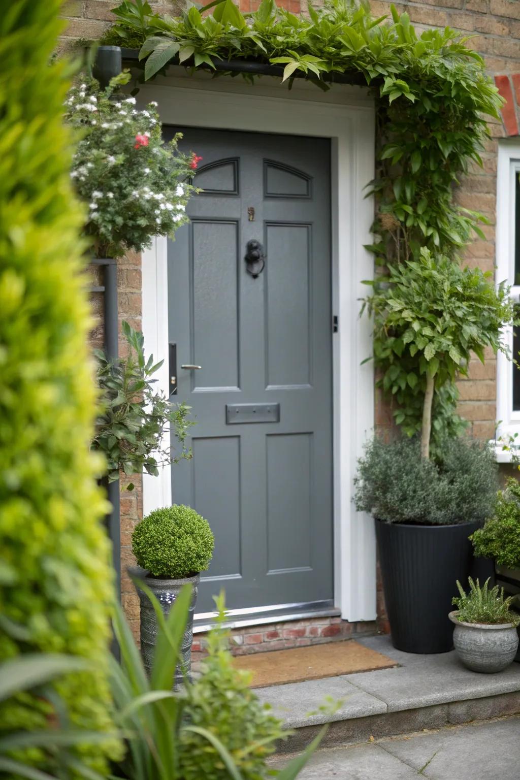 Greenery introduces a vibrant contrast to this grey composite door.