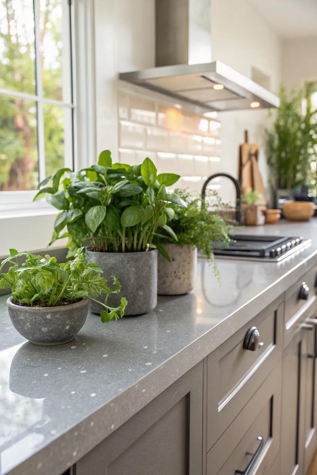Eco-conscious cooking area featuring grey repurposed glass surfaces.