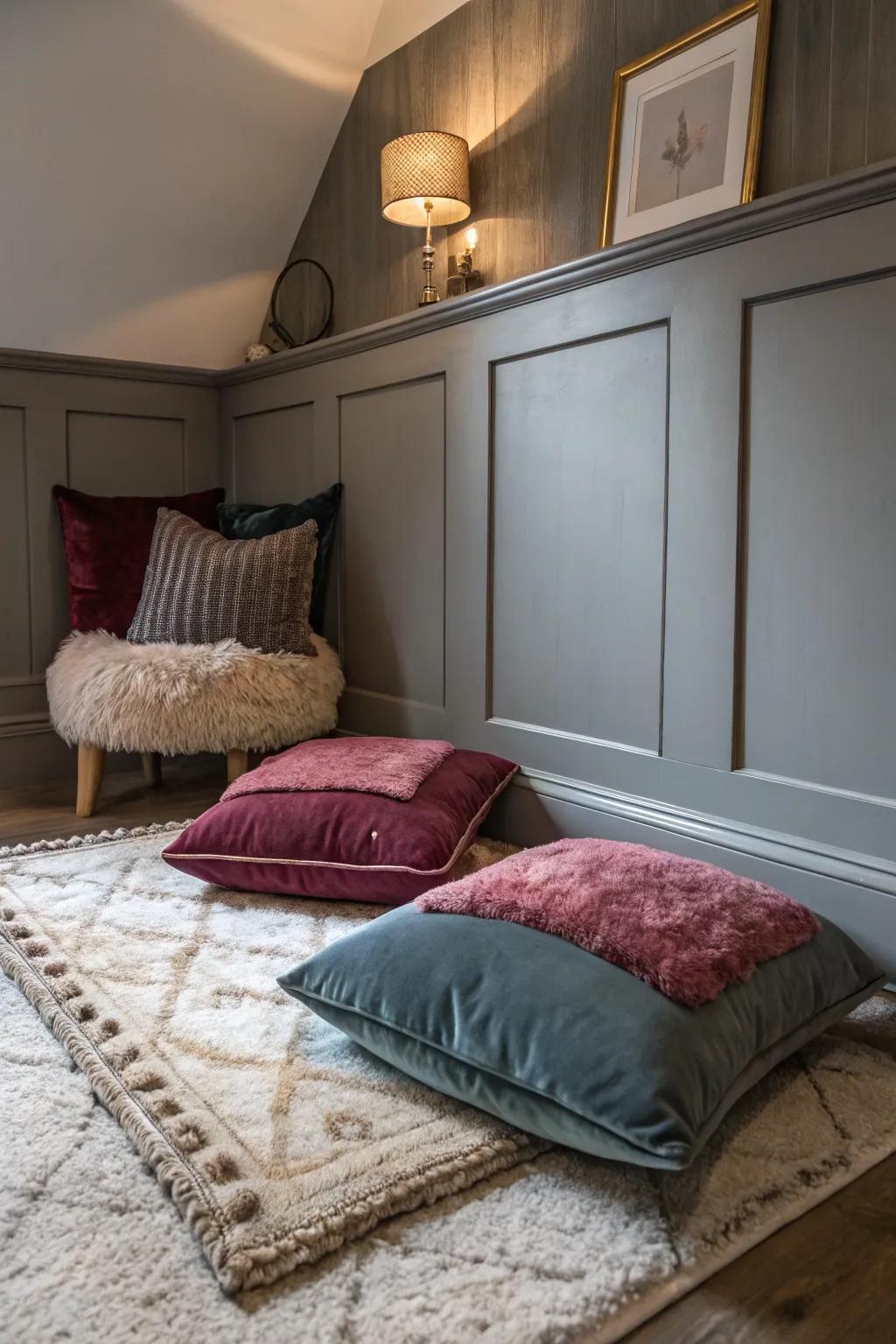 Velvet accents contribute a lavish touch to this grey-themed space.