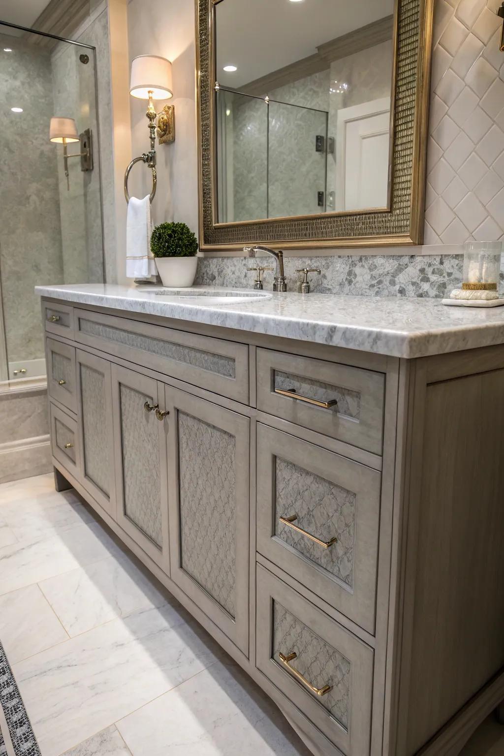 Opposing surfaces generate a refined visual within this charcoal washstand restroom.