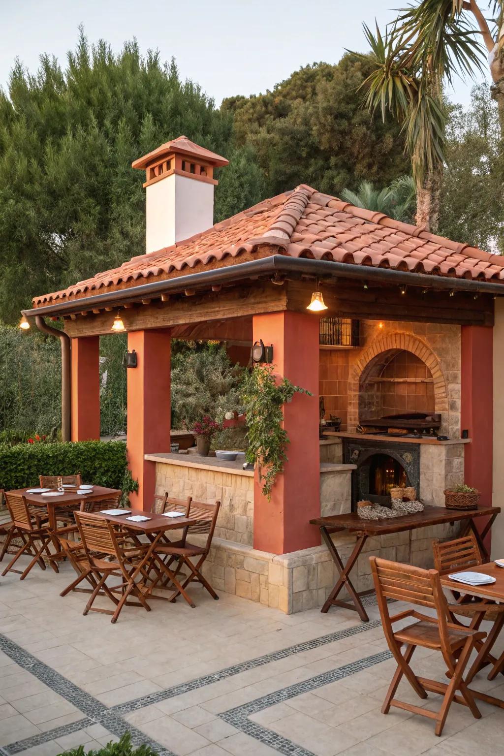 A Mediterranean-themed barbecue shelter featuring warm hues and terracotta details.