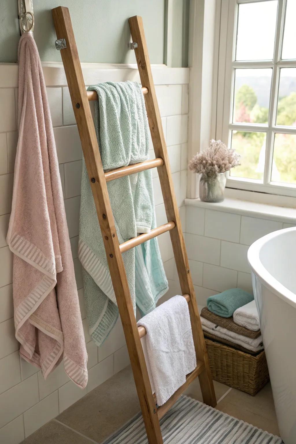 A ladder stand brings a rustic, homey feel to your washroom.