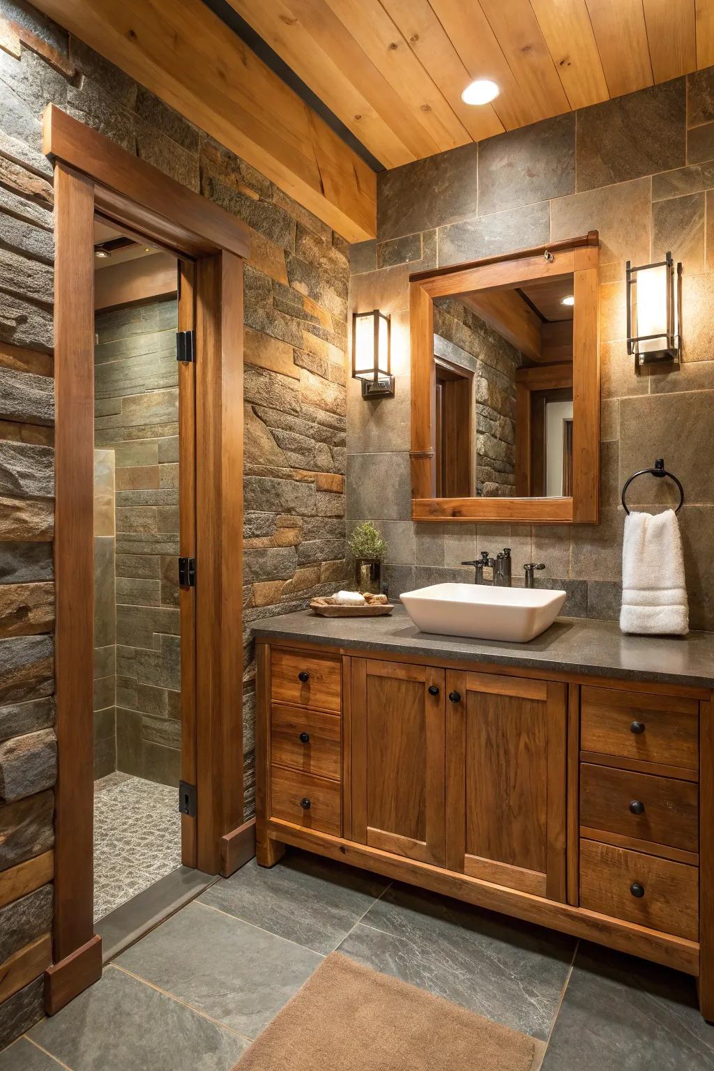 Textural elements such as wood and stone add warmth to this modern bathroom.