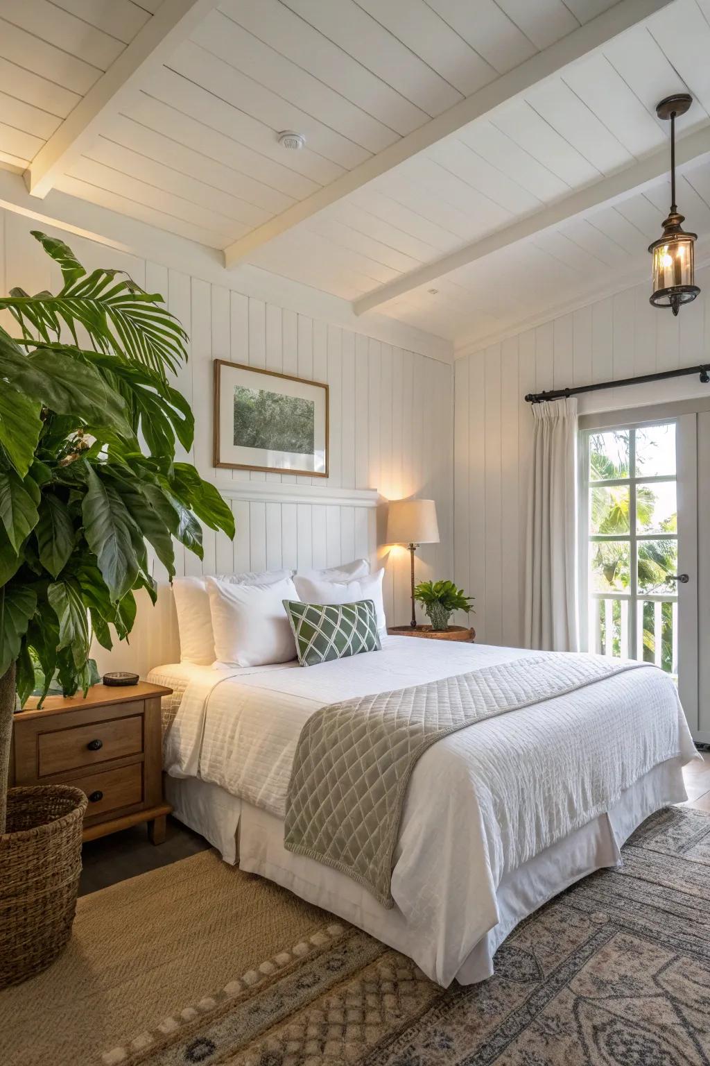 A classic guest room with white walls for an airy, fresh ambiance.