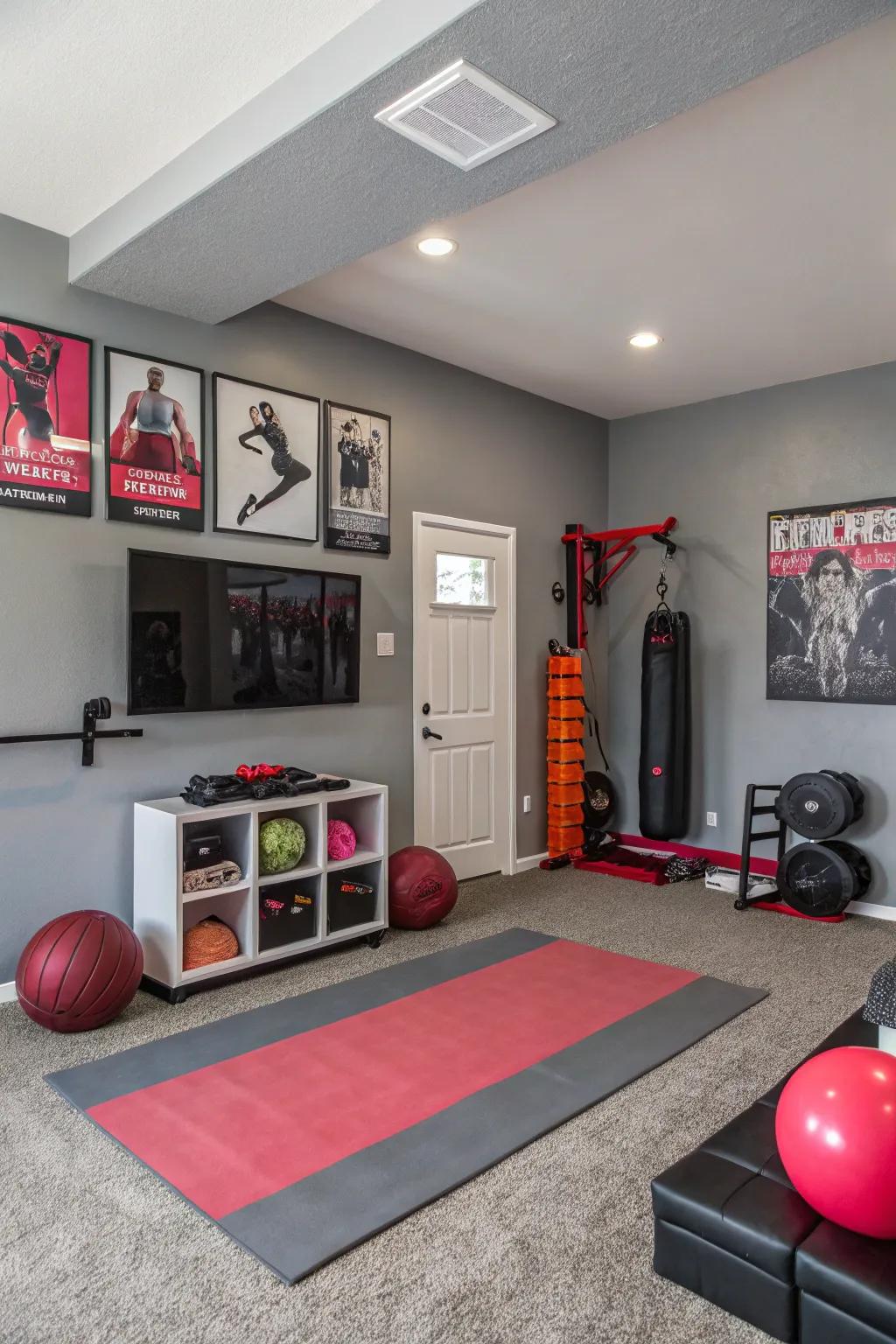 Harmonize your gym using both muted and bold shades.