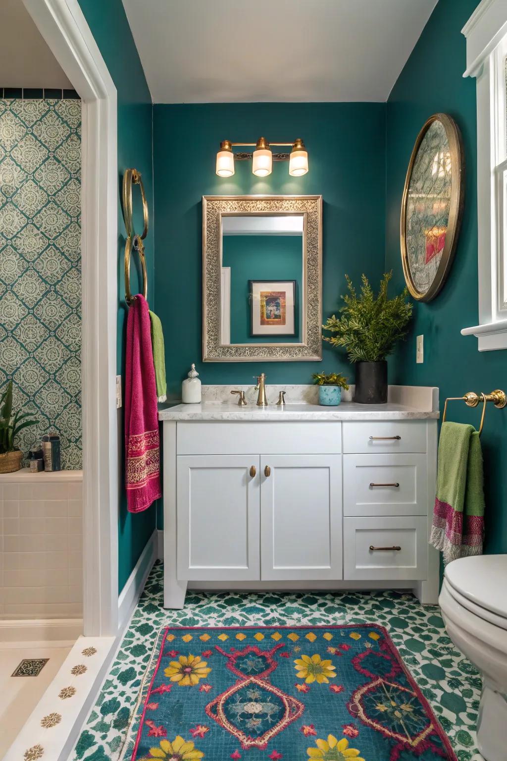 A striking color palette can transform your powder room into a vibrant escape.