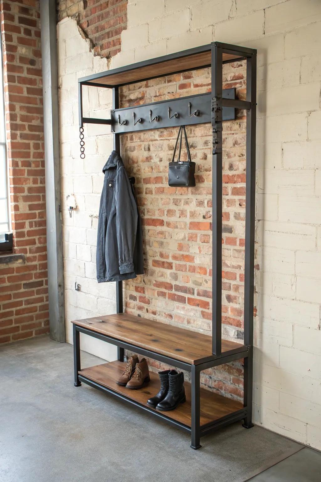 Incorporate an urban feel by using an industrial hall tree.