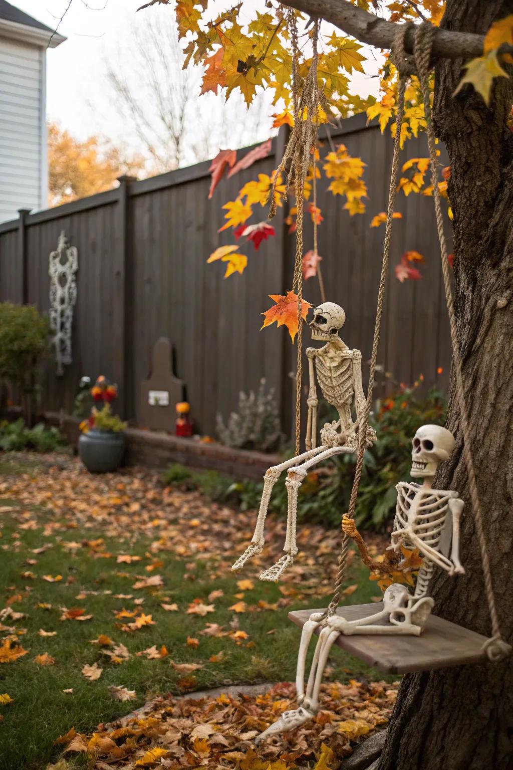 Suspended skeletons create a fun and dynamic Halloween display.