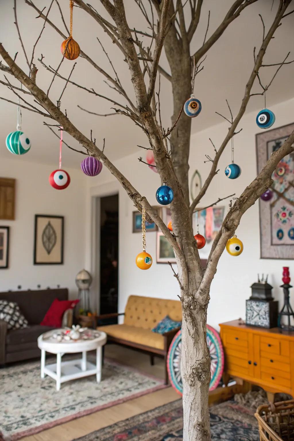 An all-seeing Halloween tree adorned with orb embellishments.