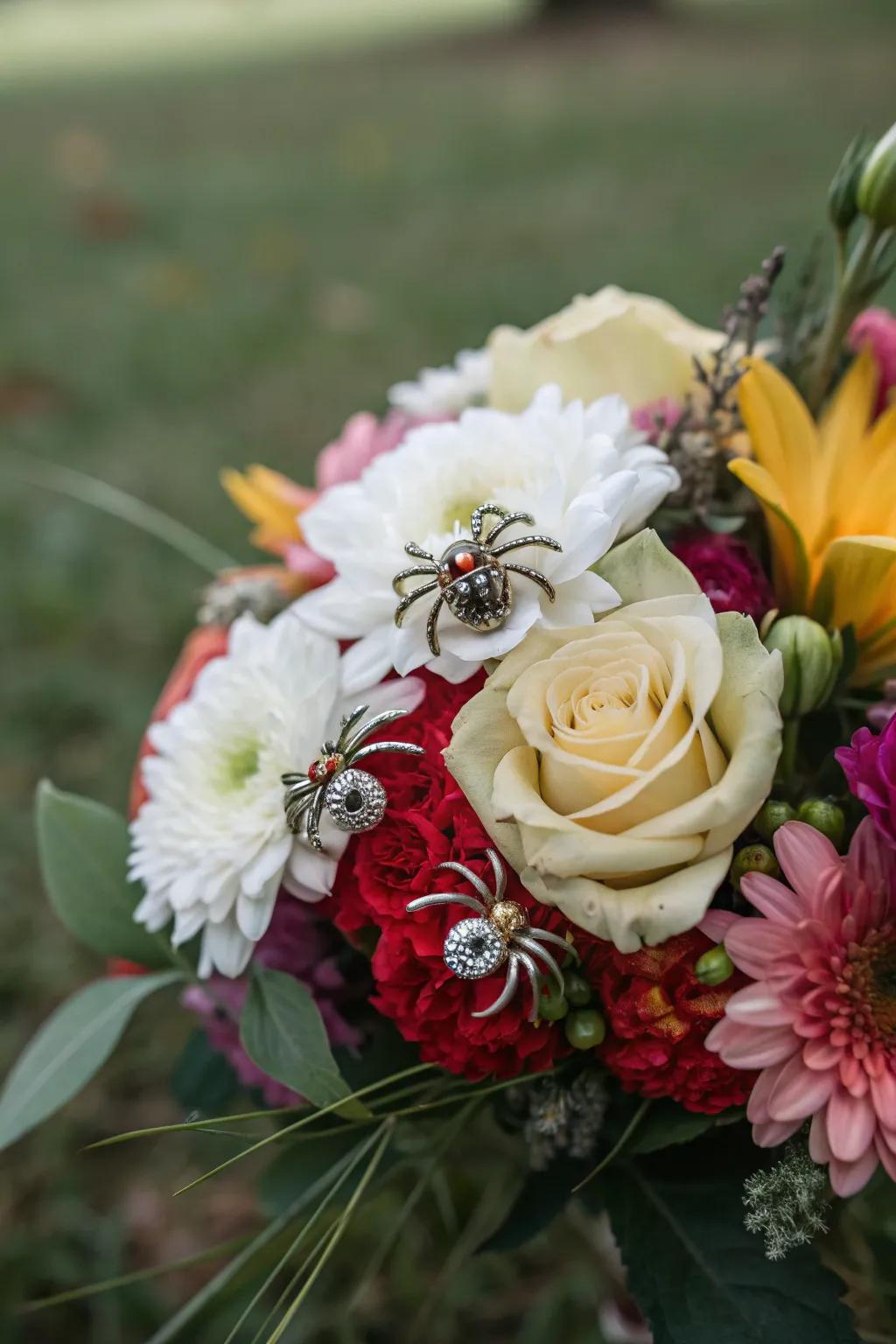 Arachnid accents append a spooky twist to a beautiful bouquet.