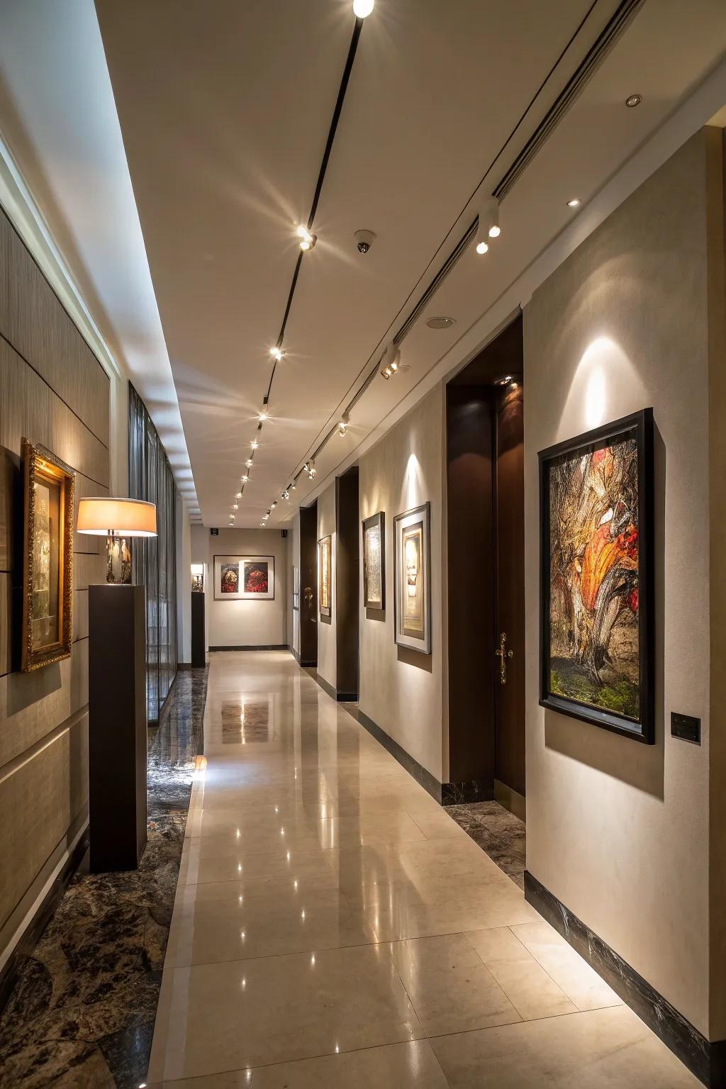 Illumination enhances the allure of corridor art.