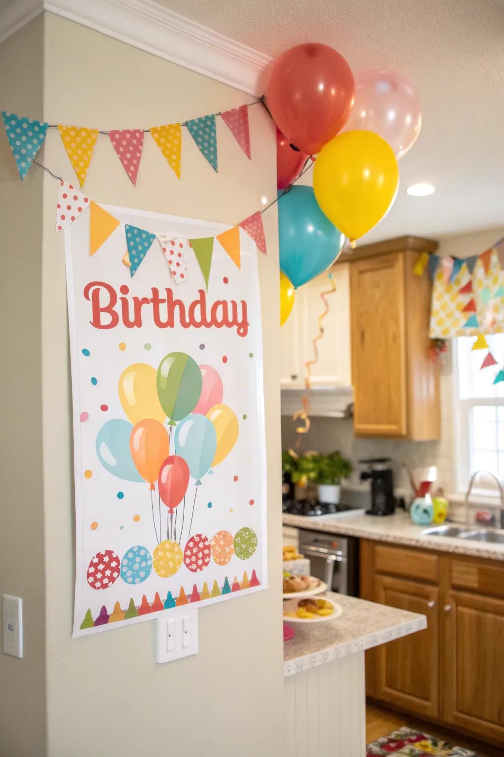 Banners and pennants deliver a playful sensation to birthday displays.
