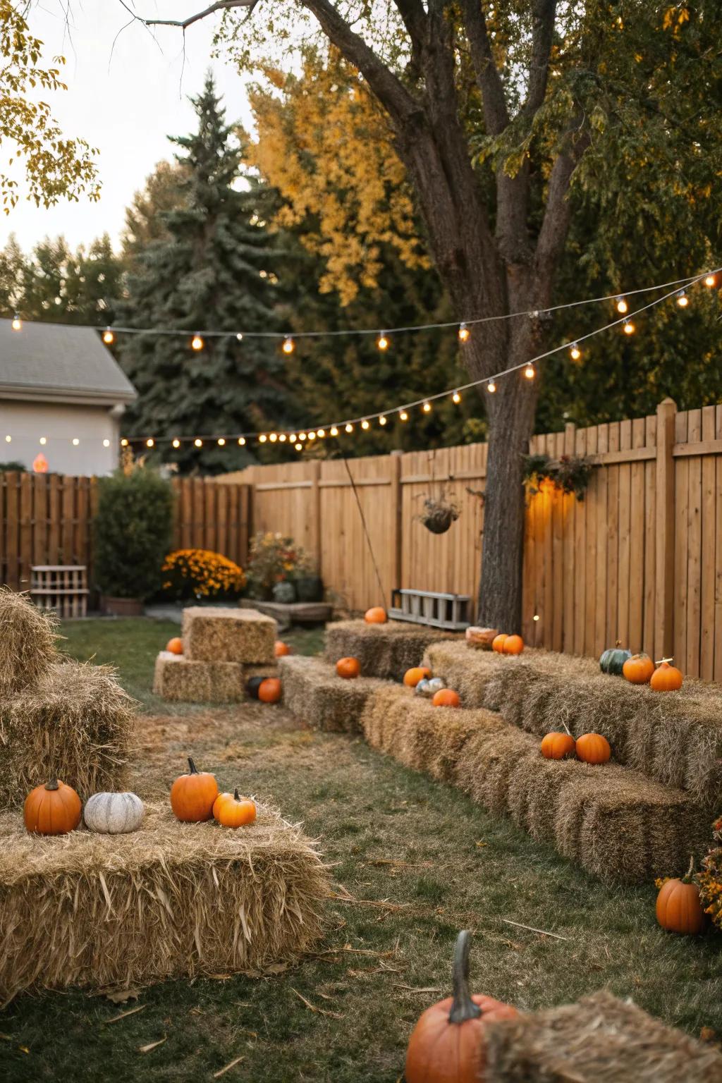 An animated pumpkin display arrangement within the backyard.