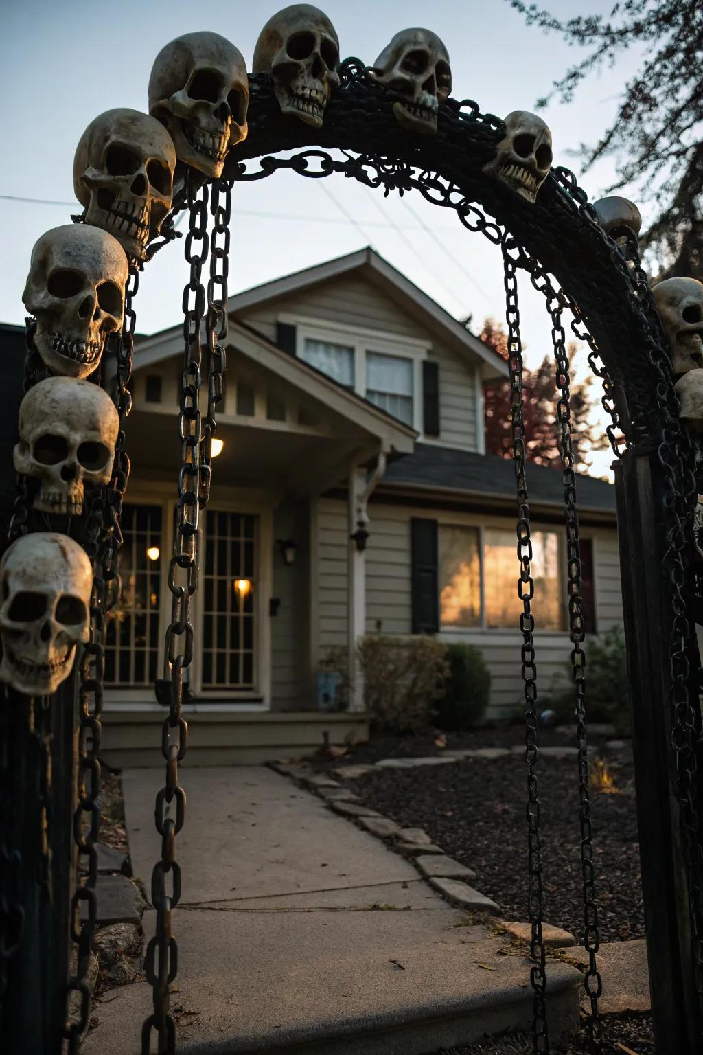 Craft a grand entry with a spooky skull gateway.