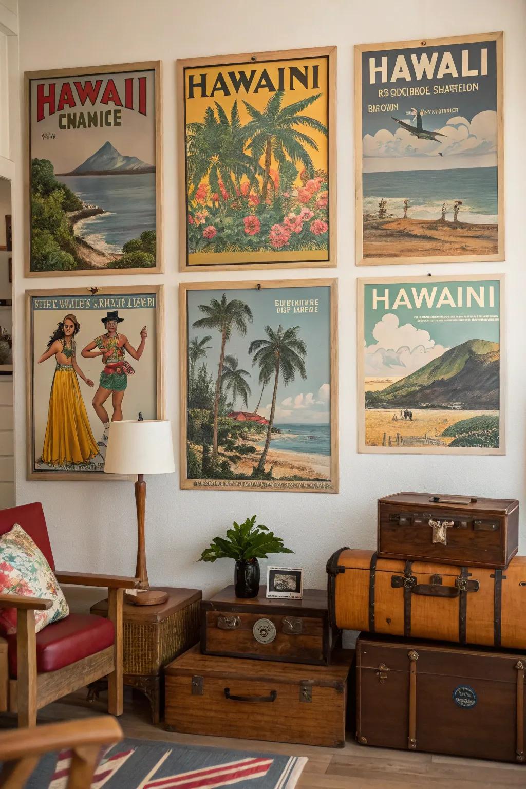 Classic Hawaiian excursion wall decor arranged in a retro-themed space.