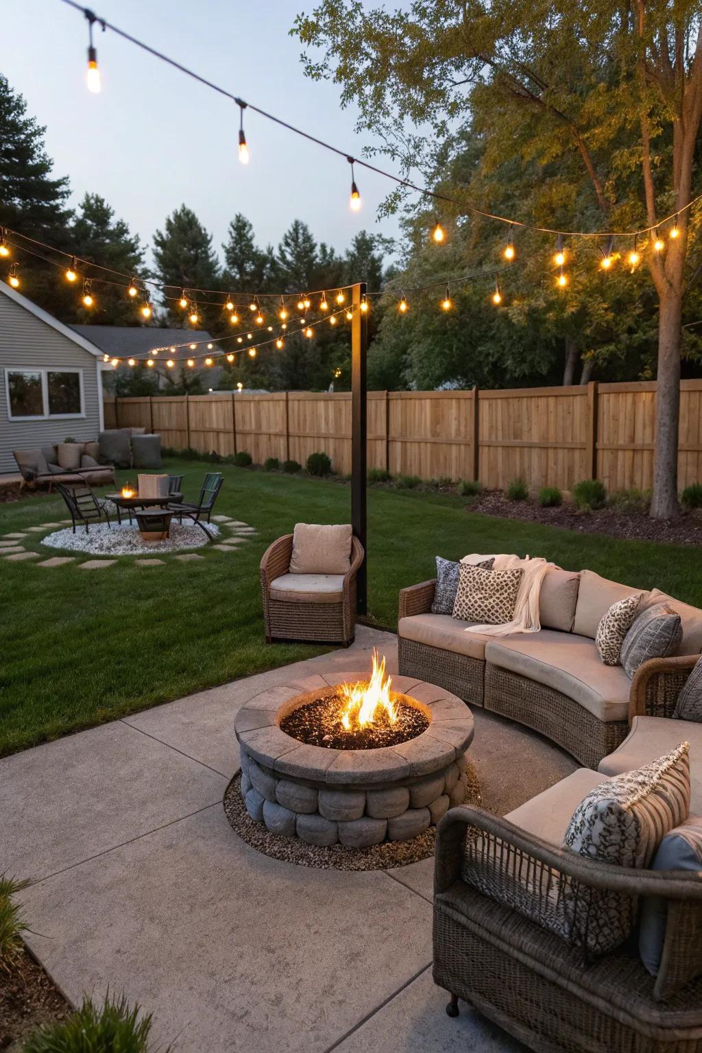 A garden view showcasing a chic bonfire basin, suitable for enjoyable outdoor get-togethers.