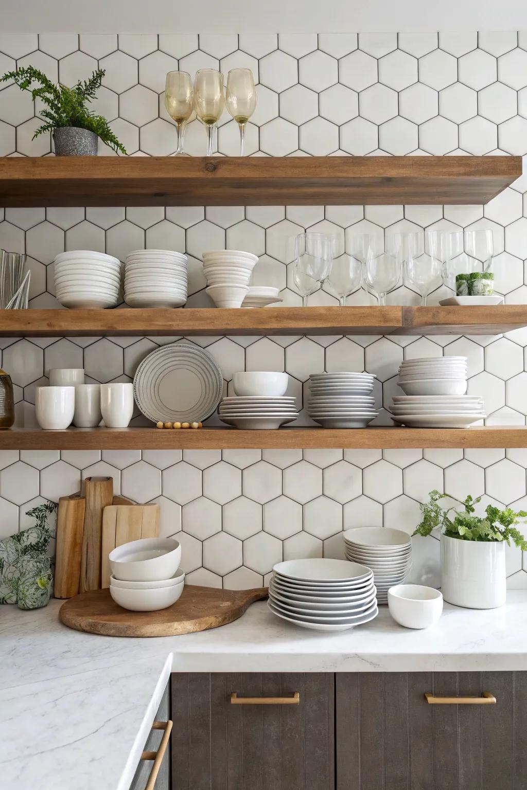 Open shelving against hexagon tiles creates a stunning kitchen display.