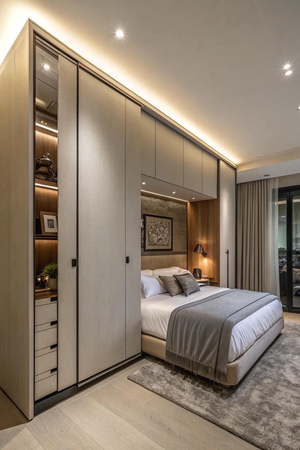 Sleek storage unit housing a concealed bed