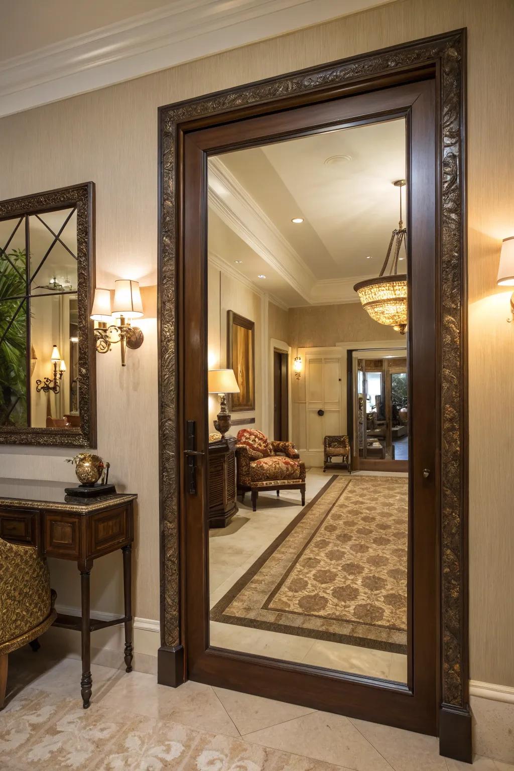 A framed mirror door infuses elegance and mystery into your space.