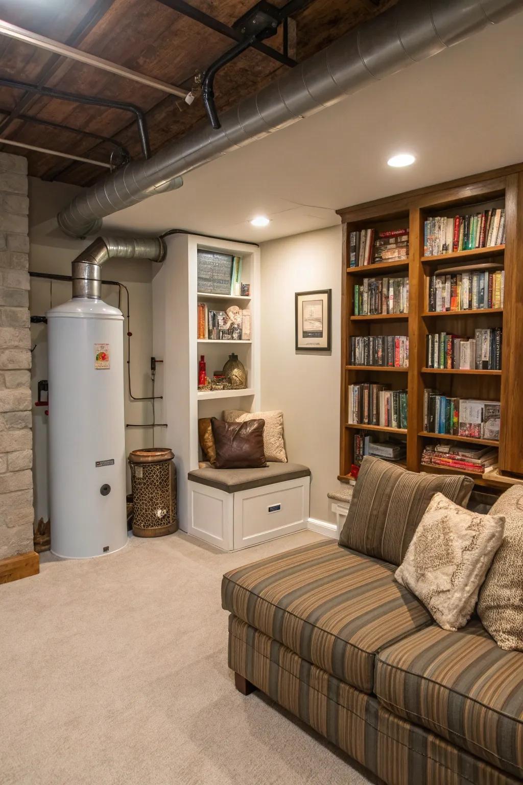 A comfortable reading nook cleverly concealing a climate control system and water heater.