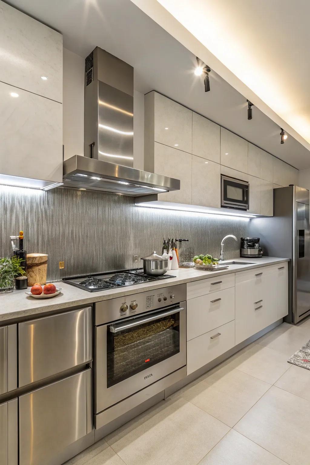 Metal backsplash gives a striking industrial-chic impression.