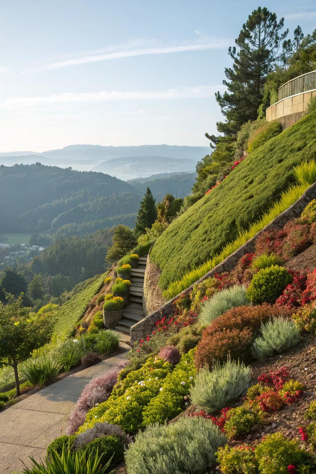 Tiered planting adds depth and texture to a hillside garden.