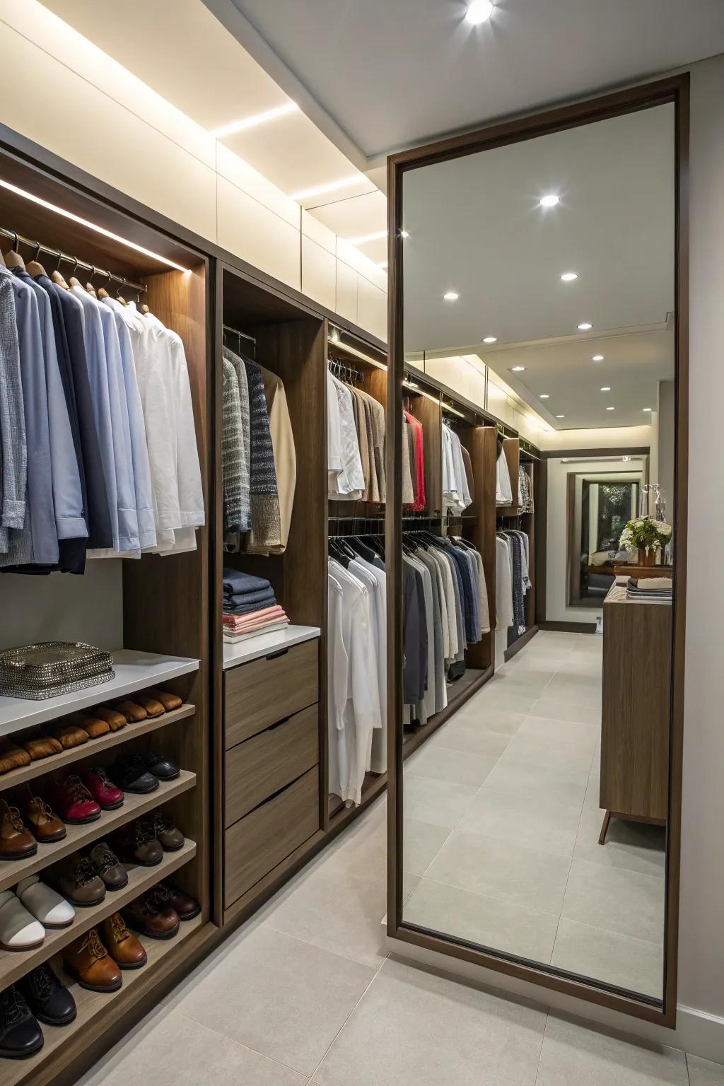 A large mirror improves both space and functionality in the closet.