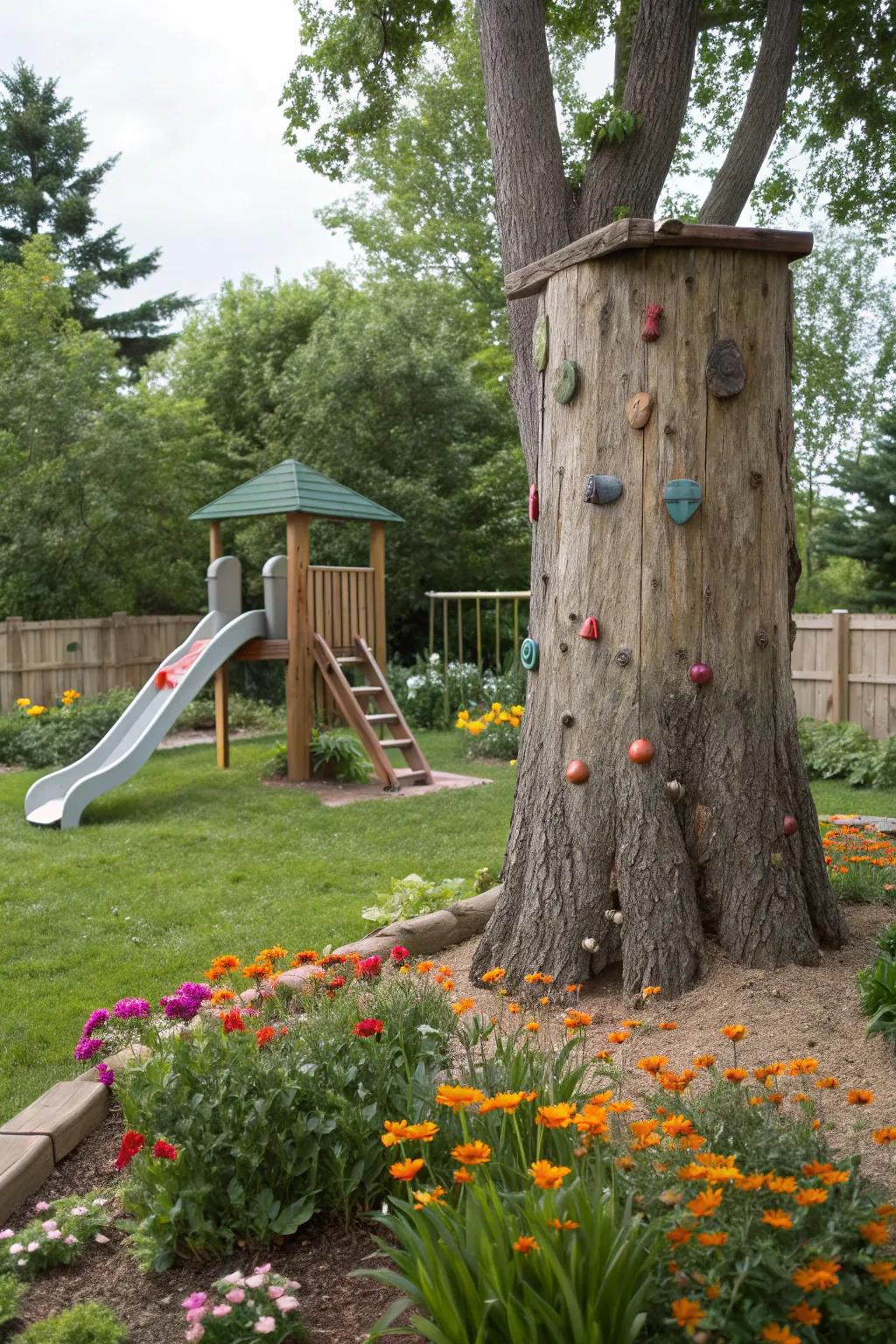 A playful kids' area making use of a tree base as a climbing component.