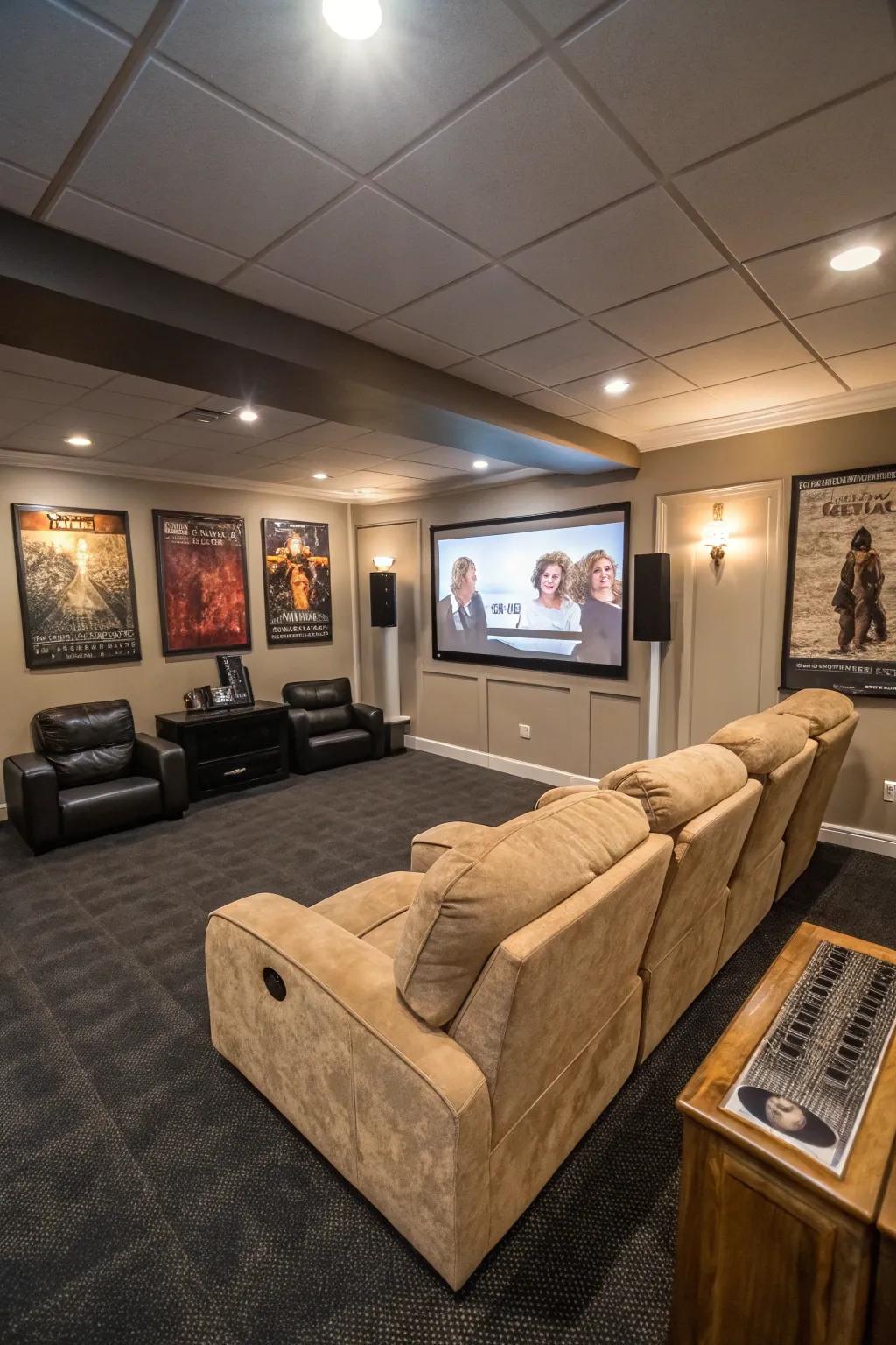 A finished basement converted into a home theater.