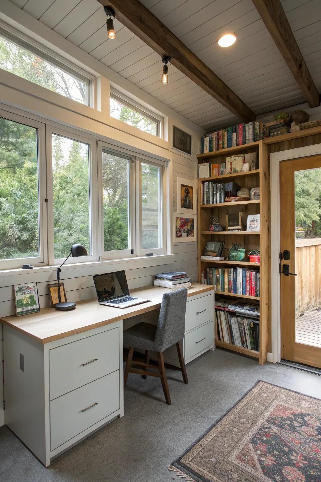A revolutionized garage space now functioning as a productive office.