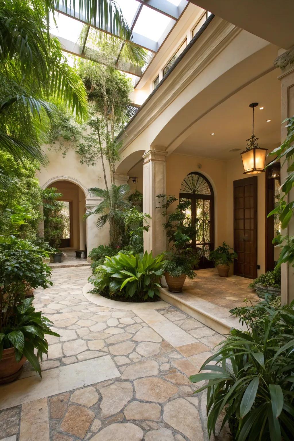 Flagstone ground cover in a sun court, merging indoor comfort with exterior visual appeal.