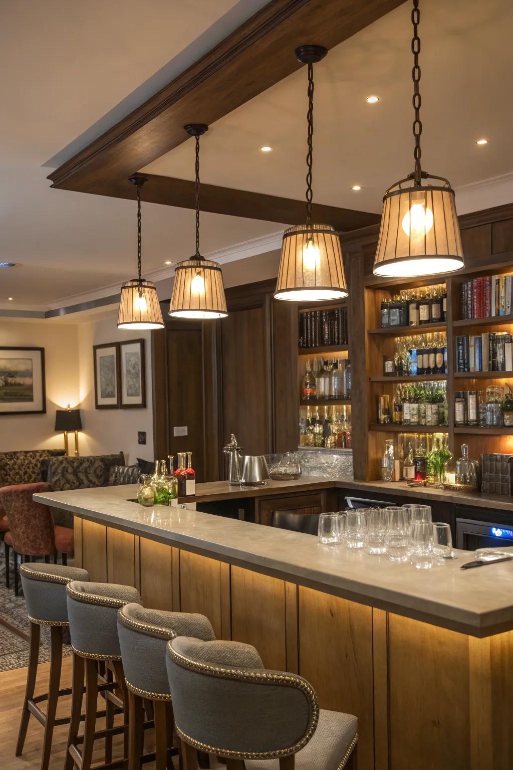 Atmospheric lighting sets the vibe for your home bar.