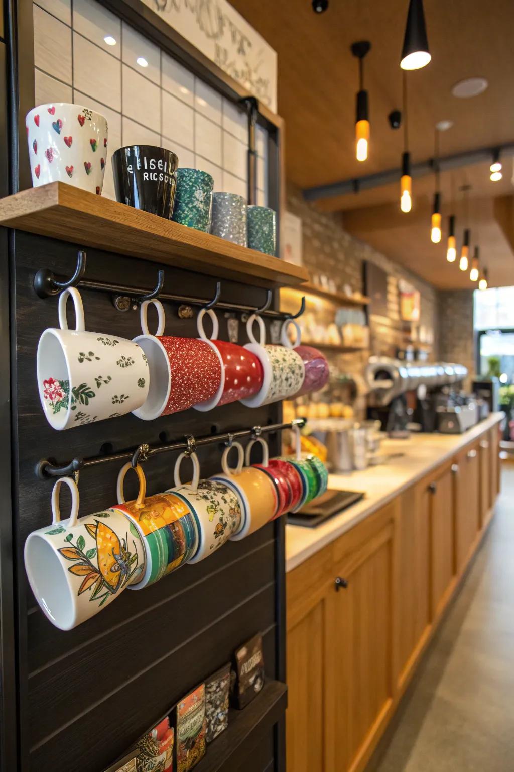 A cup showcase adds personality and charm to your coffee station.