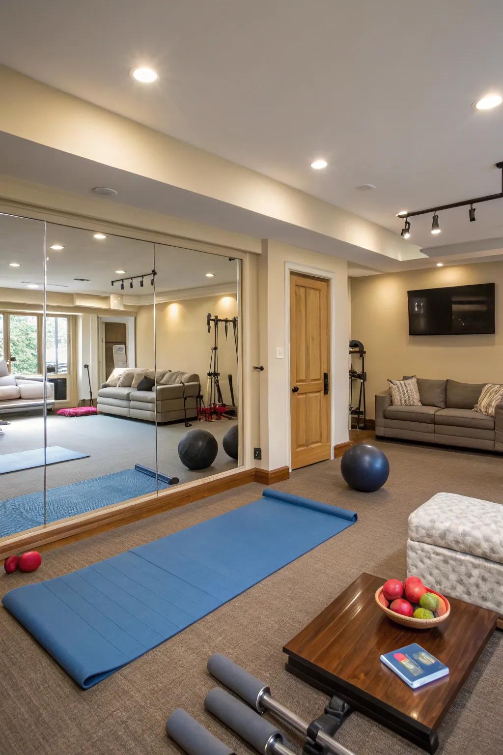 Mirrors help this gym blend into a multipurpose space.