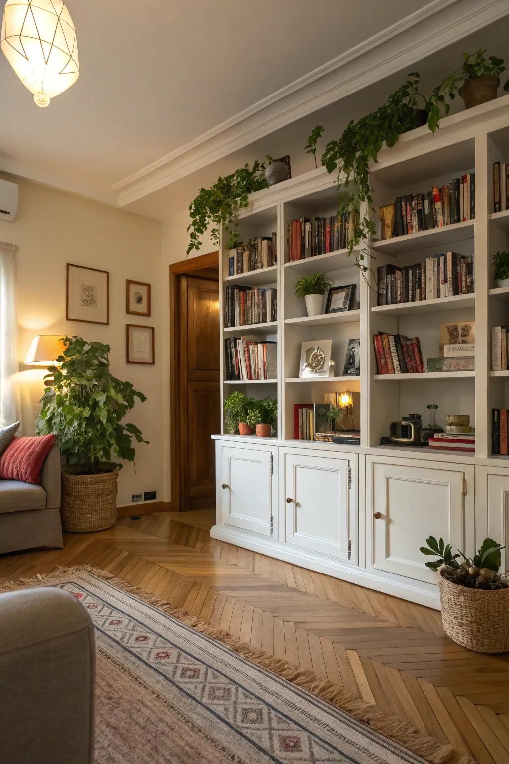 Custom bookshelves add charm and useful space to your living area.